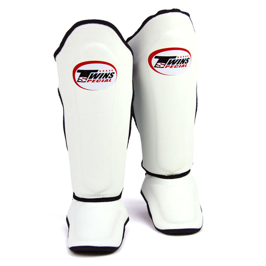 Twins Double Leather  Padded Shin Guards  - White