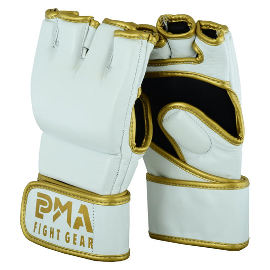 MMA Leather Elite White/Gold Grappling Fight Gloves